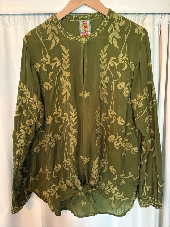 Johnny Was Tops - Johnny Was Embroidered Olive Green Sheer Tie-Front Blouse Size M